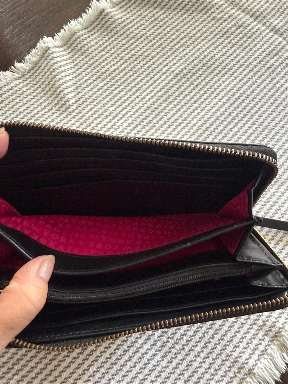 kate spade Black and White Striped Patent Zip Wallet